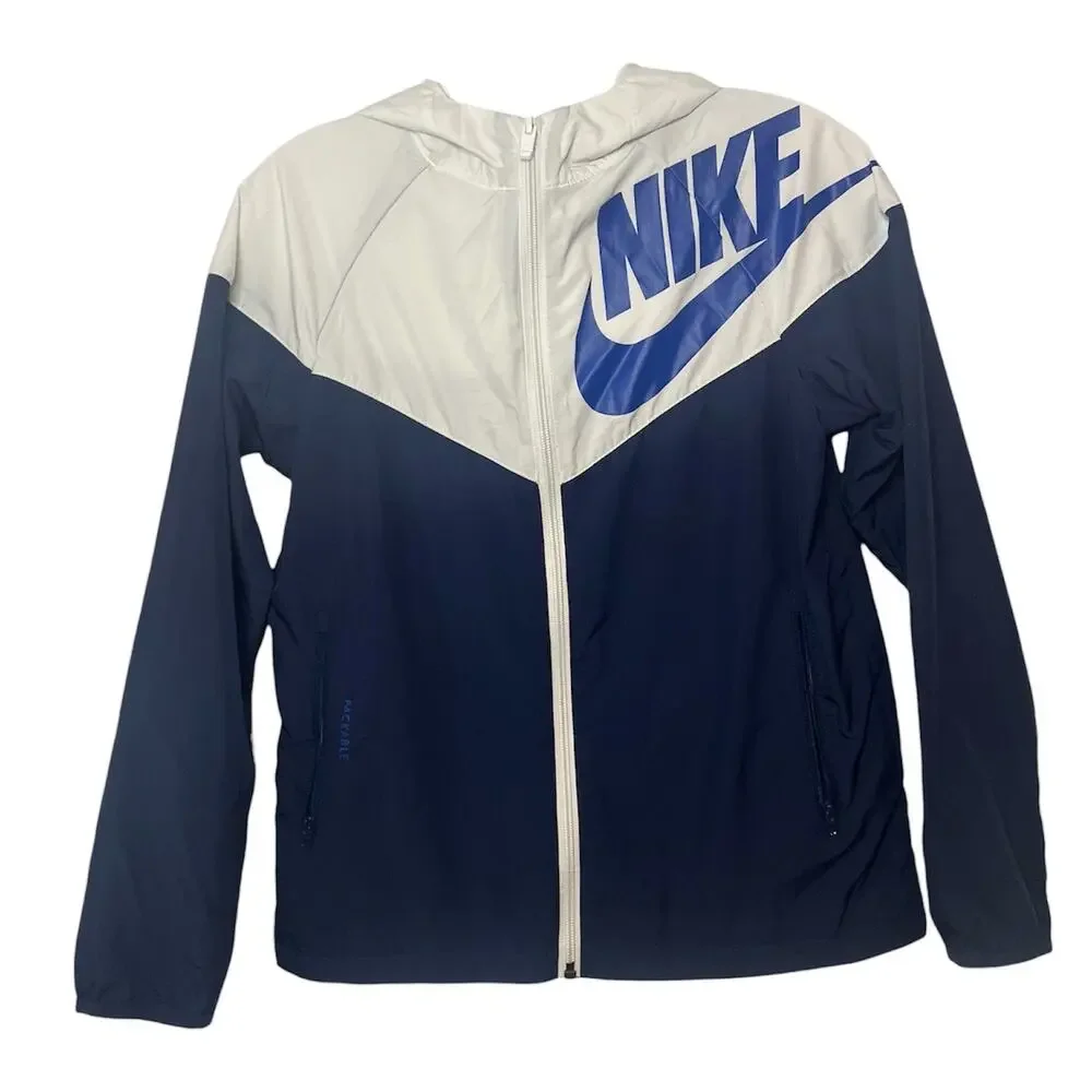 Nike Big Kids Boys Windrunner Jacket Navy White Blue Logo Hooded‎ Full Zip Sz M